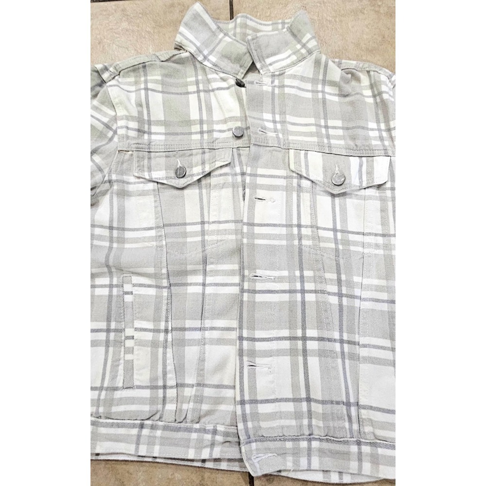 Bespoke‎ Limited Edition Plaid Trucker Jacket Grey White Denim Style Size L
